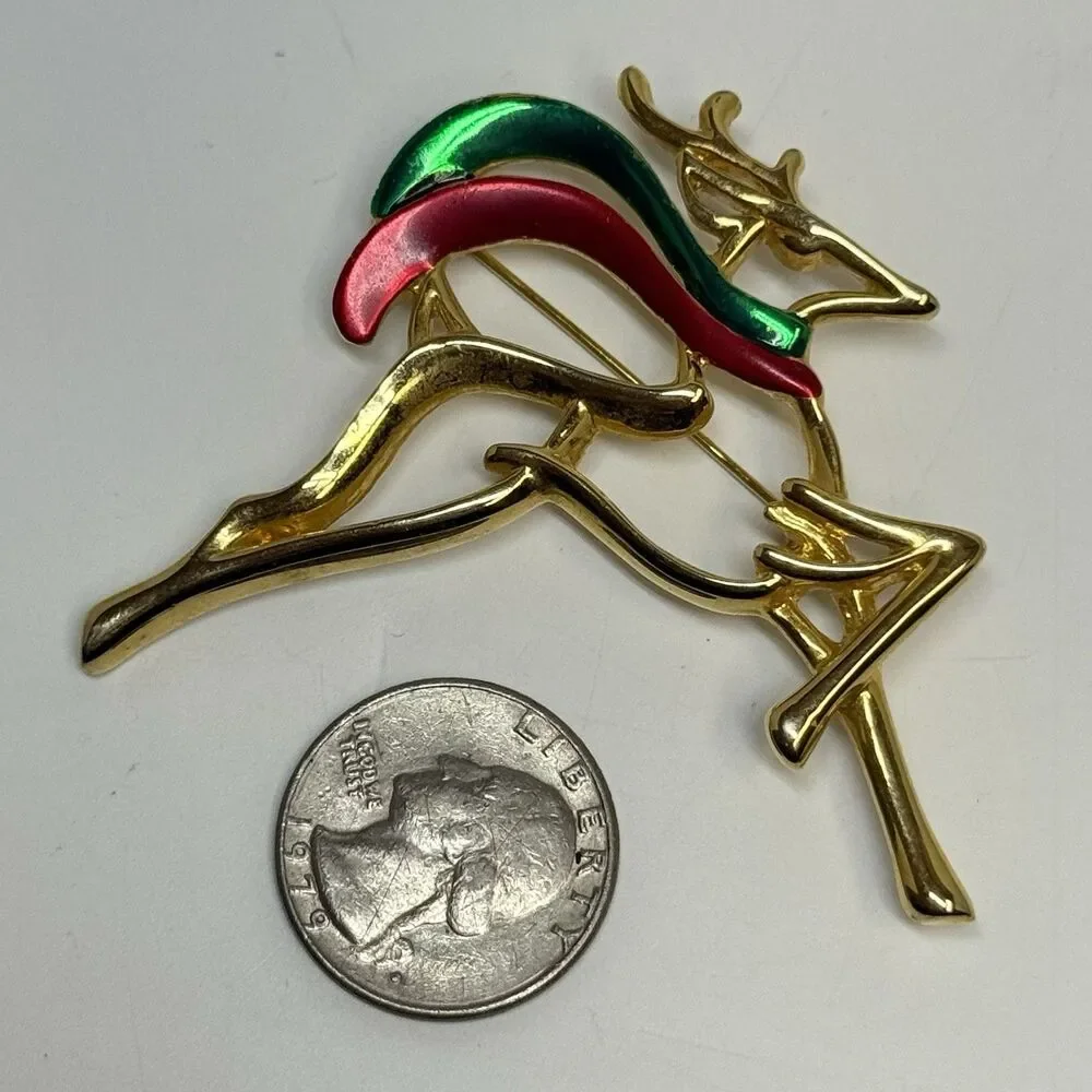 Danecraft Goldtone Raindeer With Red And Green Scarf Christmas Holiday Brooch